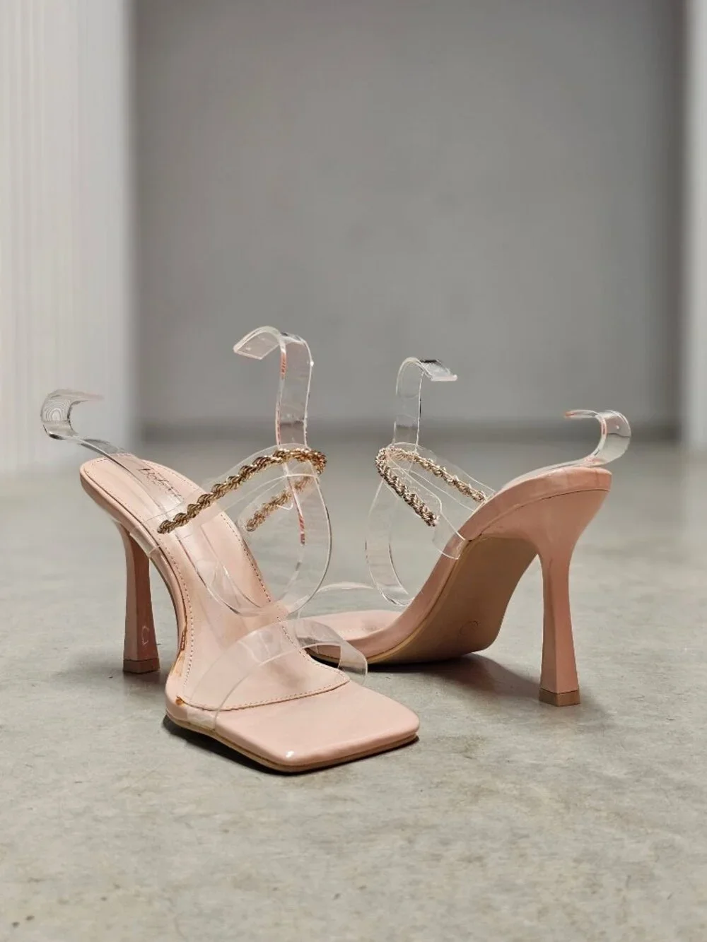Clear Strap Stiletto Heel Sandals With Chain Detail In Nude Chic Square Toe Desi